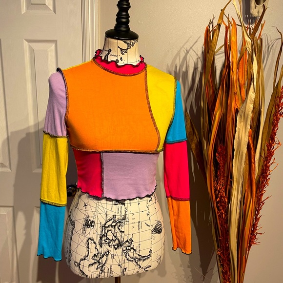 NWOT Vintage Y2k Neon sewing outside Patchwork crop mock funky street bright 90s - Picture 1 of 4